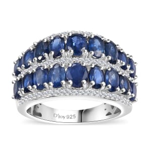 Kanchanaburi Blue Sapphire and White Zircon 5.90 ctw Ring in Rhodium Over Sterling Silver (Size 9.0)