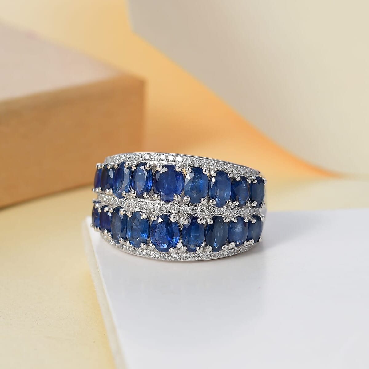 Kanchanaburi Blue Sapphire and White Zircon 5.90 ctw Ring in Rhodium Over Sterling Silver (Size 9.0) image number 1