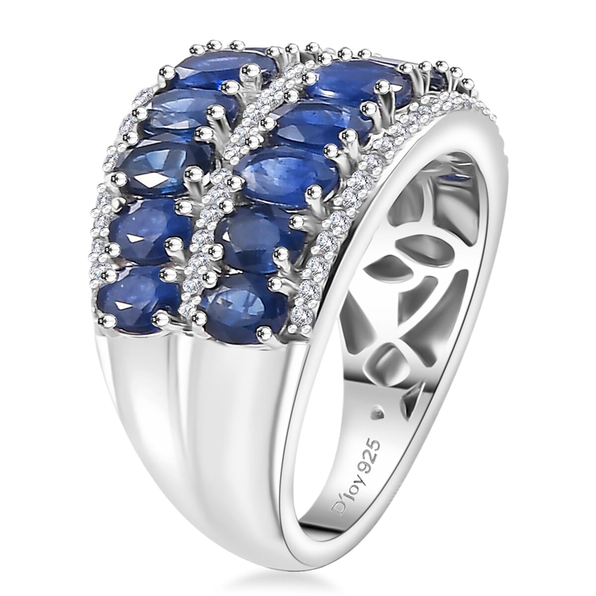 Kanchanaburi Blue Sapphire and White Zircon 5.90 ctw Ring in Rhodium Over Sterling Silver (Size 9.0) image number 3