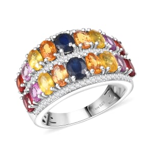 Multi Sapphire and White Zircon 5.70 ctw Ring in Rhodium Over Sterling Silver (Size  10.0)