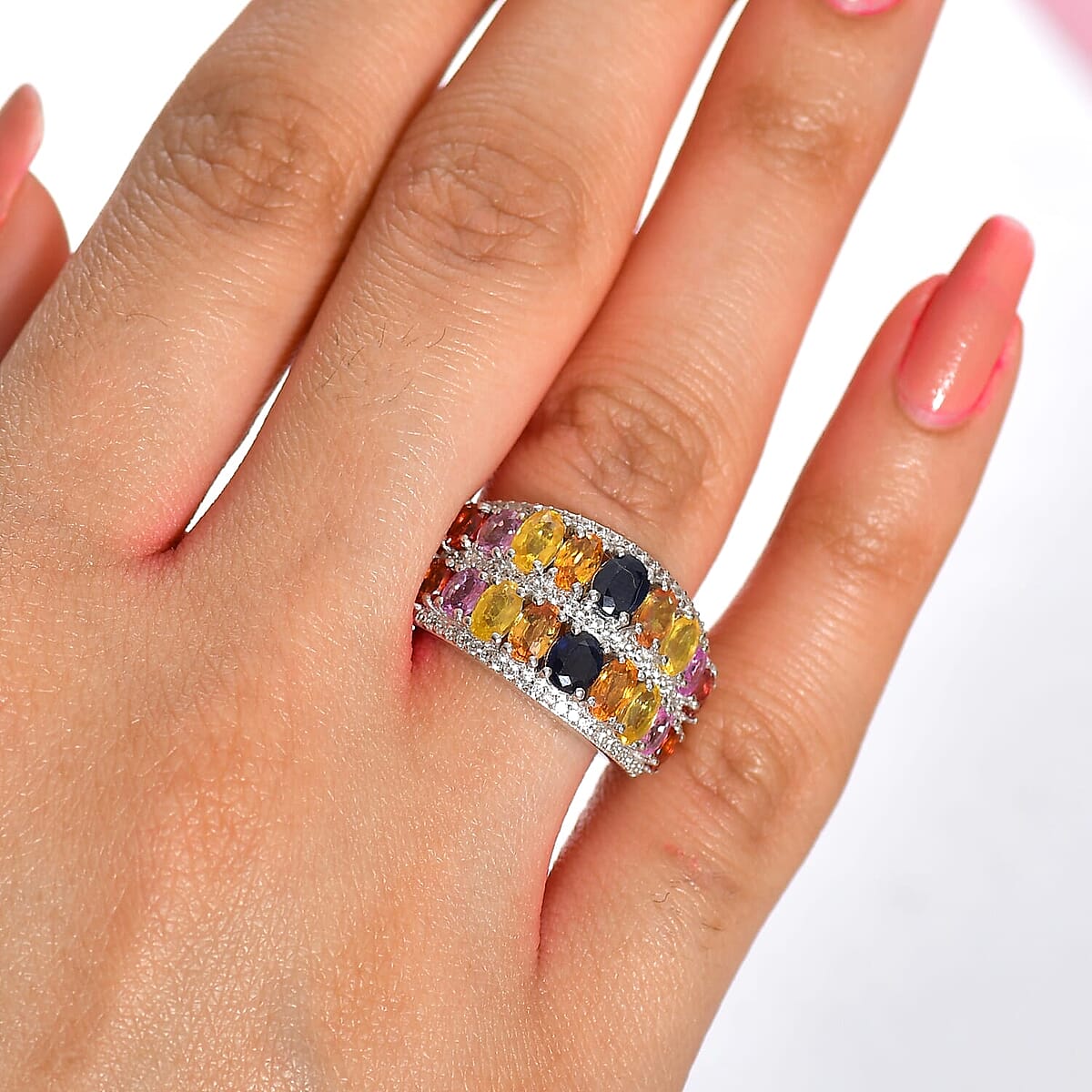 Multi Sapphire and White Zircon 5.70 ctw Ring in Rhodium Over Sterling Silver (Size  10.0) image number 2