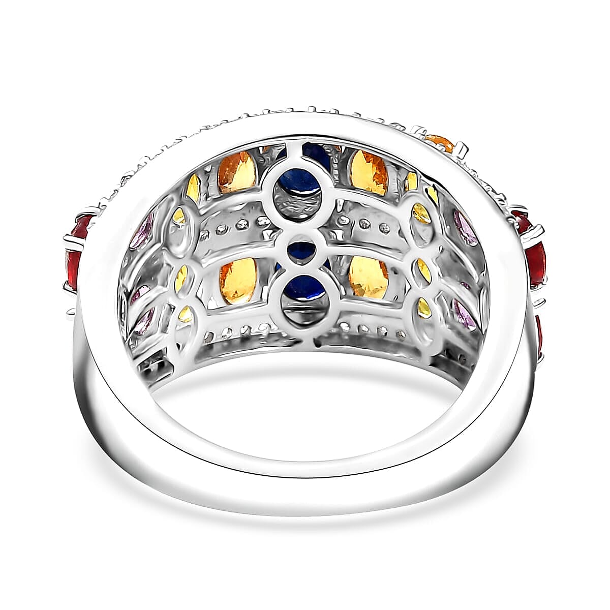 Multi Sapphire and White Zircon 5.70 ctw Ring in Rhodium Over Sterling Silver (Size  10.0) image number 3