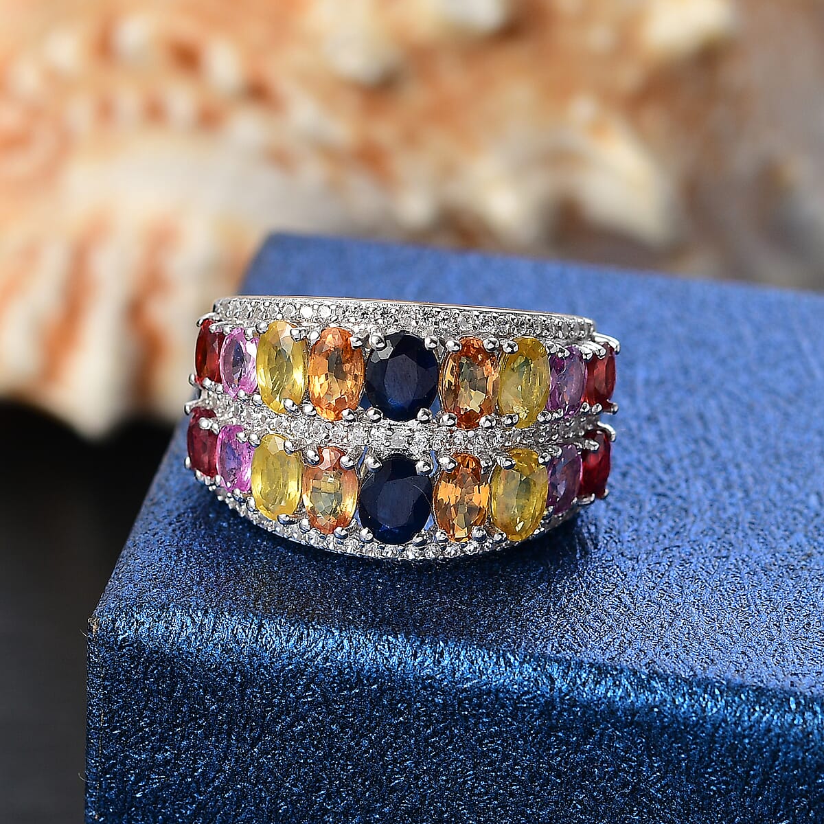 Multi Sapphire and White Zircon 5.70 ctw Ring in Rhodium Over Sterling Silver (Size  6.0) image number 1