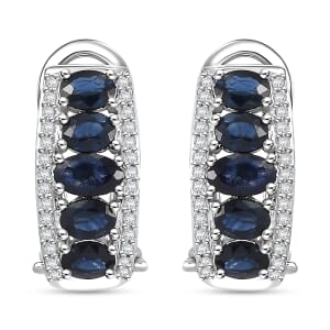 Kanchanaburi Blue Sapphire and White Zircon 2.65 ctw Earrings in Rhodium Over Sterling Silver