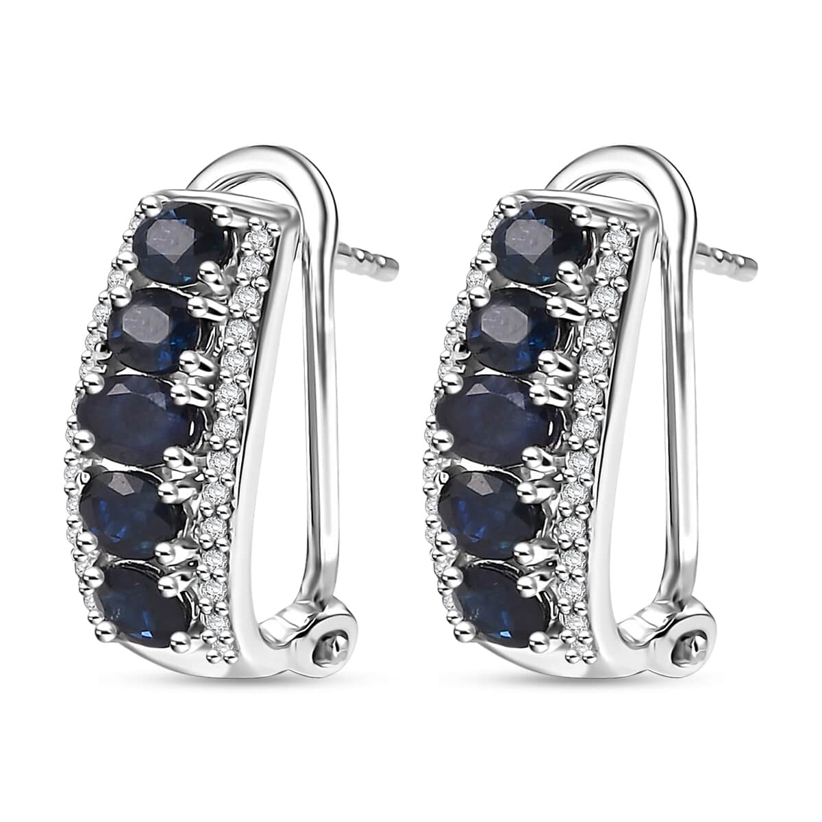 Kanchanaburi Blue Sapphire and White Zircon 2.65 ctw Earrings in Rhodium Over Sterling Silver image number 3