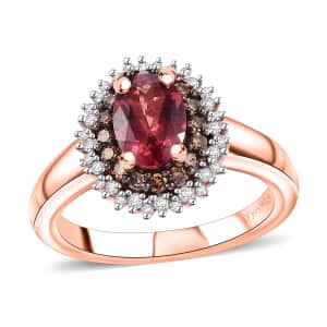 Premium Tanzanian Blush Garnet, Natural Champagne and White Diamond 1.20 ctw Sunflower Ring in 18K Vermeil Rose Gold Over Sterling Silver (Size 10.0)