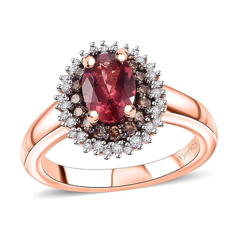 D'Joy Premium Tanzanian Blush Garnet, Natural Champagne and White Diamond 1.20 ctw Sunflower Ring in 18K Vermeil Rose Gold Over Sterling Silver (Size 10.0)