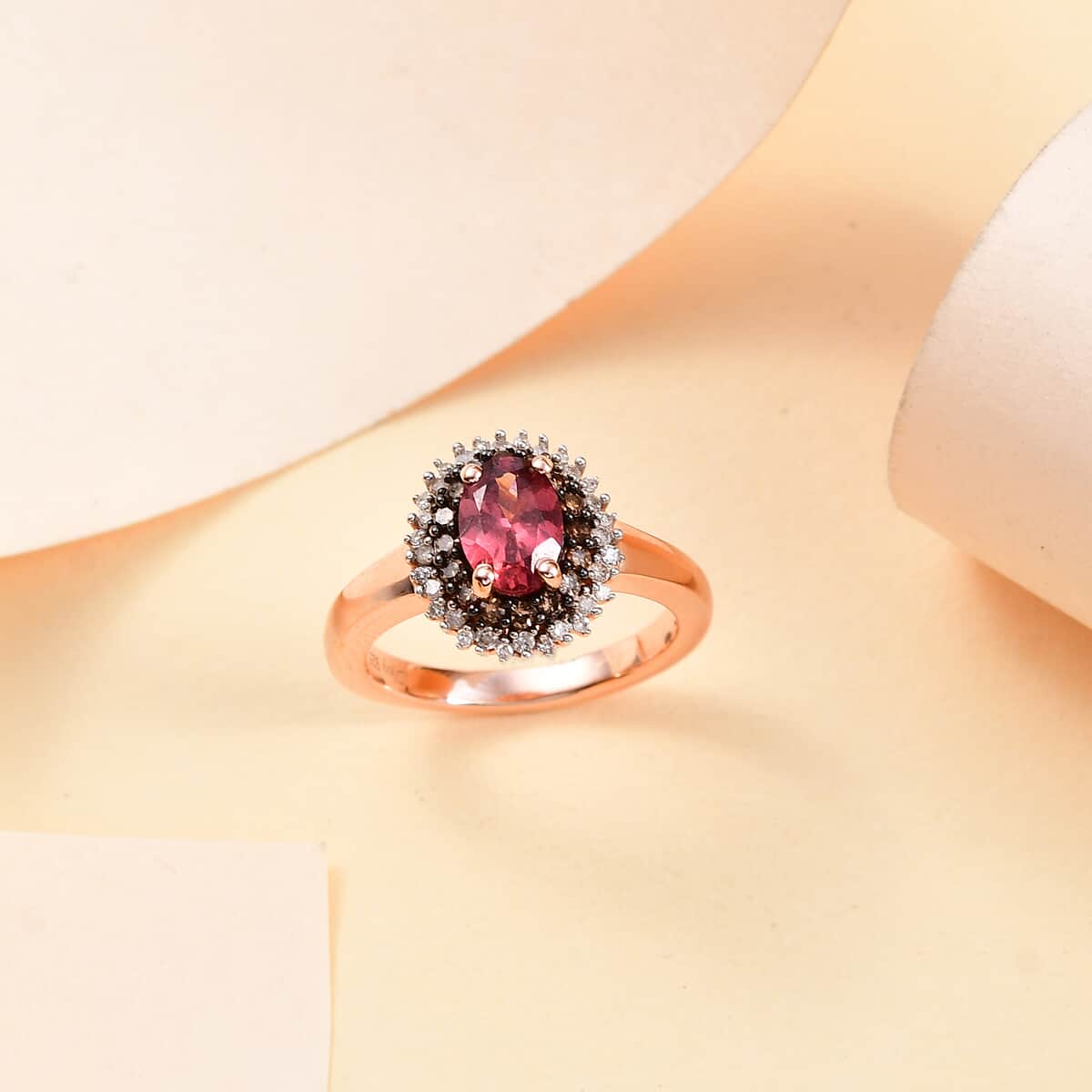 Premium Tanzanian Blush Garnet, Natural Champagne and White Diamond 1.20 ctw Sunflower Ring in 18K Vermeil Rose Gold Over Sterling Silver (Size 5.0) image number 1