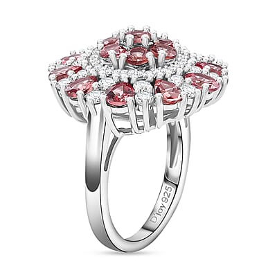 D'Joy Premium Tanzanian Blush Garnet and Moissanite 4.10 ctw Rosette Bloom Ring in Rhodium Over Sterling Silver (Size 10.0)