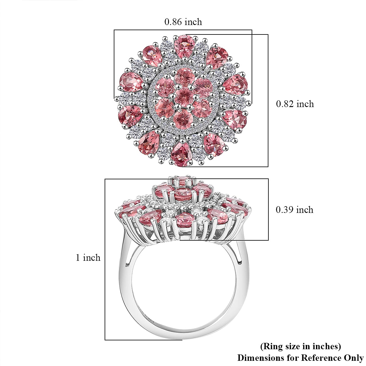 D'Joy Premium Tanzanian Blush Garnet and Moissanite 4.10 ctw Rosette Bloom Ring in Rhodium Over Sterling Silver (Size 10.0)