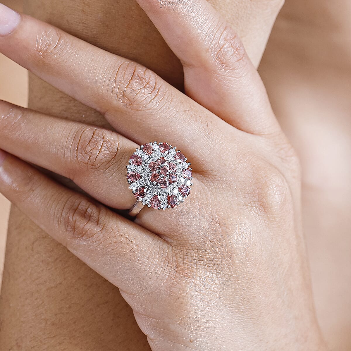 Premium Tanzanian Blush Garnet and Moissanite 4.10 ctw Rosette Bloom Ring in Rhodium Over Sterling Silver (Size 6.0) image number 2