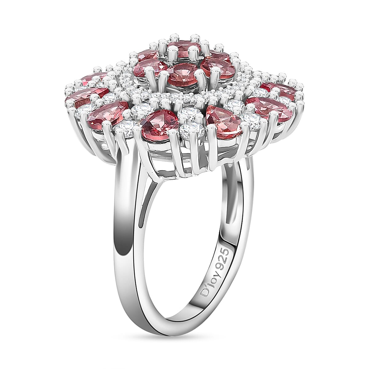 Premium Tanzanian Blush Garnet and Moissanite 4.10 ctw Rosette Bloom Ring in Rhodium Over Sterling Silver (Size 6.0) image number 3