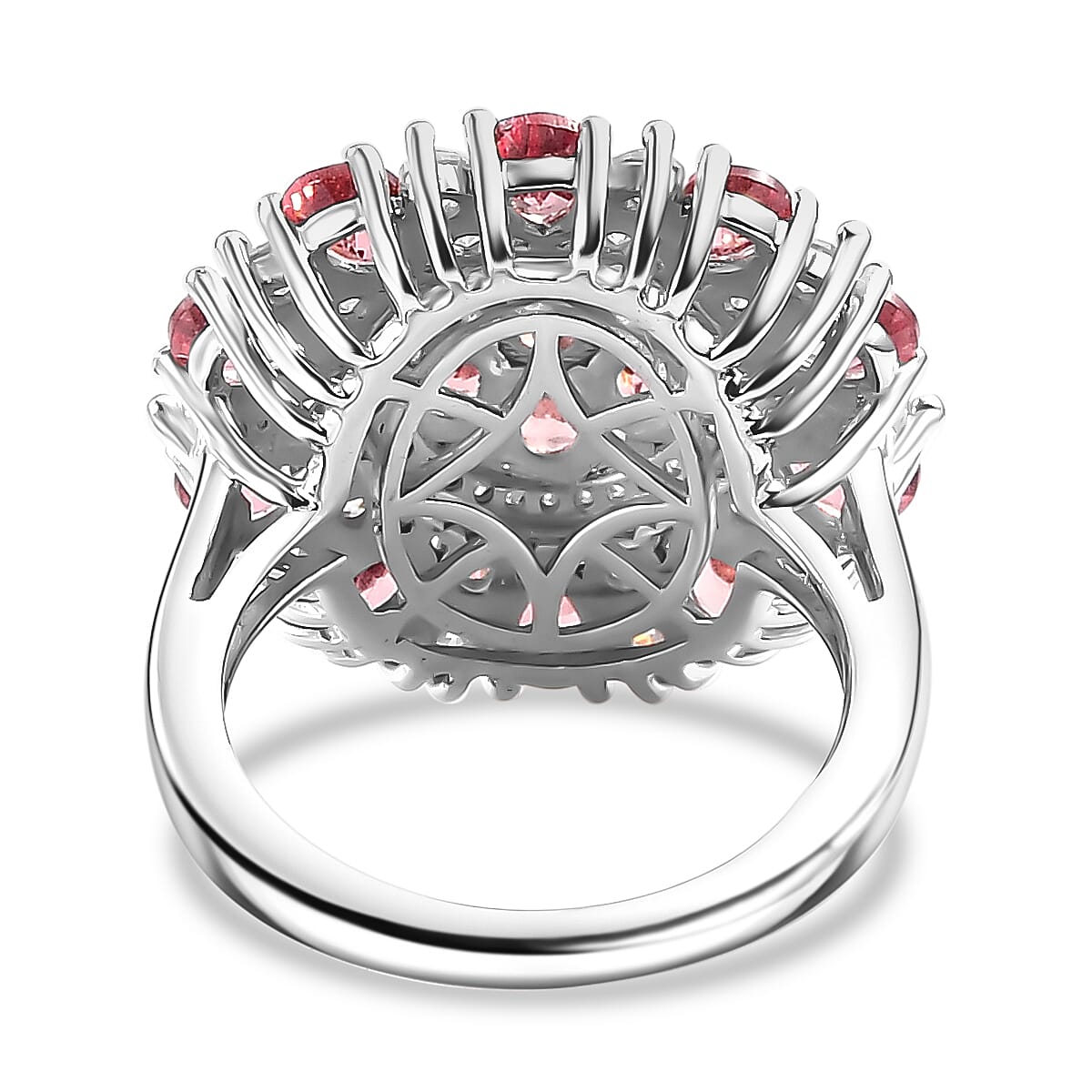 Premium Tanzanian Blush Garnet and Moissanite 4.10 ctw Rosette Bloom Ring in Rhodium Over Sterling Silver (Size 6.0) image number 4