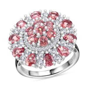 Premium Tanzanian Blush Garnet and Moissanite 4.10 ctw Rosette Bloom Ring in Rhodium Over Sterling Silver (Size 8.0)