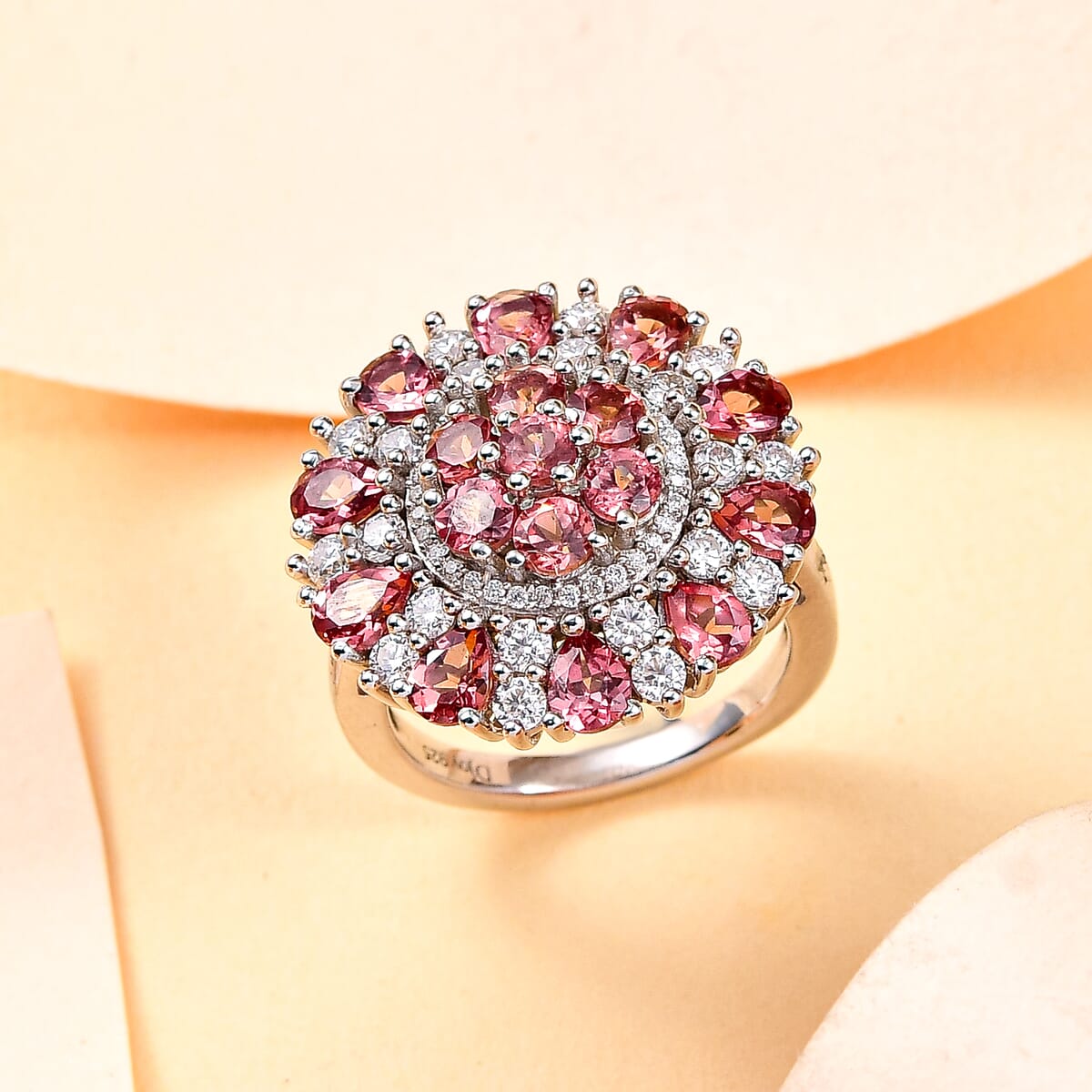 Premium Tanzanian Blush Garnet and Moissanite 4.10 ctw Rosette Bloom Ring in Rhodium Over Sterling Silver (Size 8.0) image number 1