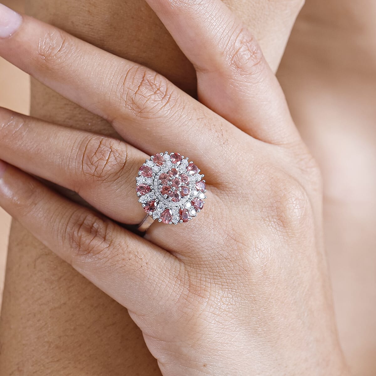 Premium Tanzanian Blush Garnet and Moissanite 4.10 ctw Rosette Bloom Ring in Rhodium Over Sterling Silver (Size 8.0) image number 2