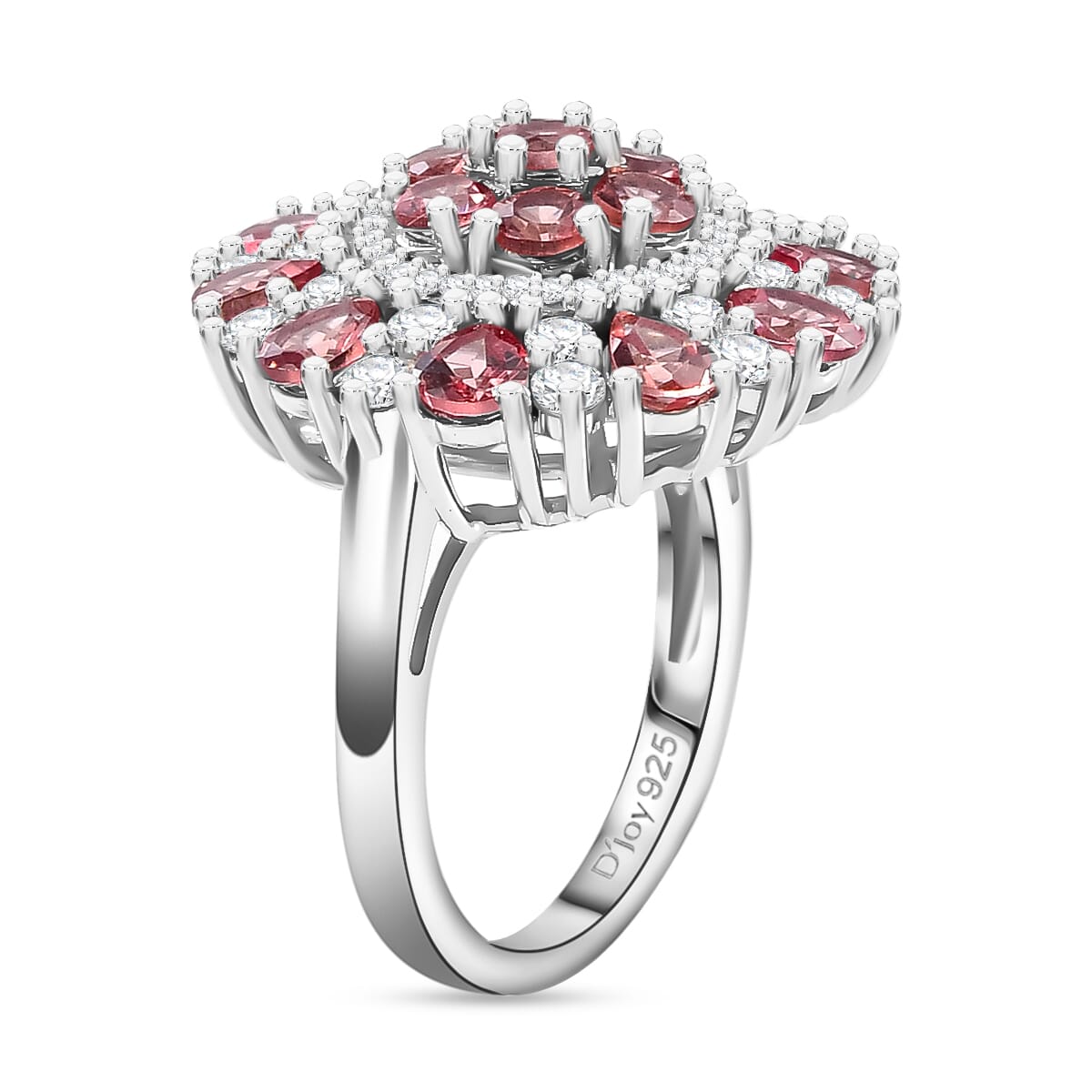 Premium Tanzanian Blush Garnet and Moissanite 4.10 ctw Rosette Bloom Ring in Rhodium Over Sterling Silver (Size 8.0) image number 3