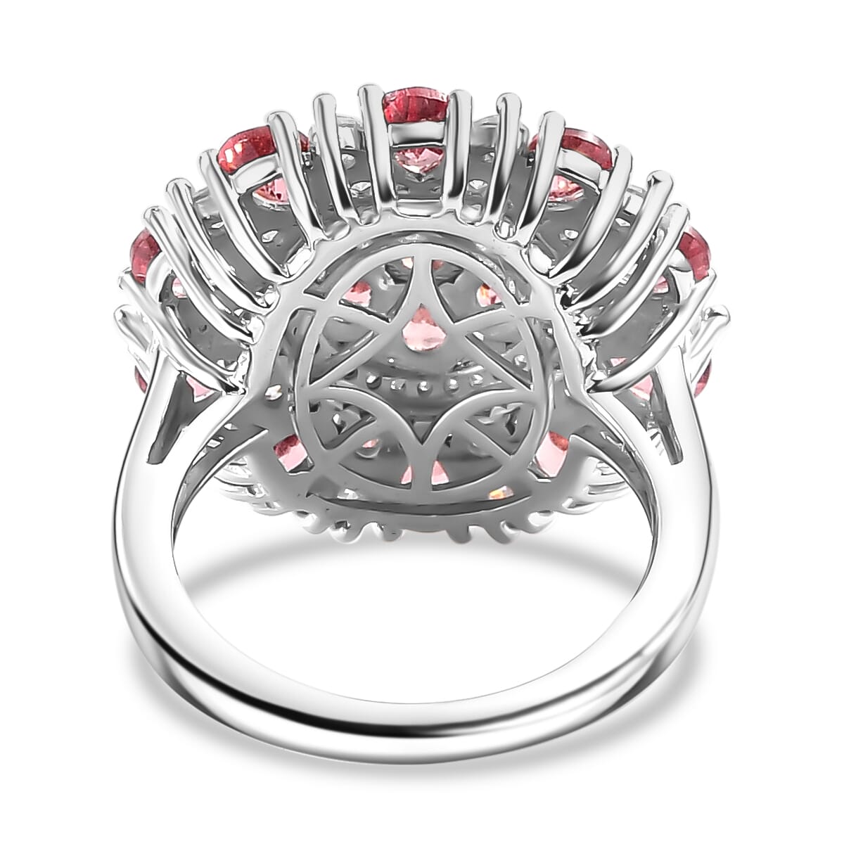 Premium Tanzanian Blush Garnet and Moissanite 4.10 ctw Rosette Bloom Ring in Rhodium Over Sterling Silver (Size 8.0) image number 4