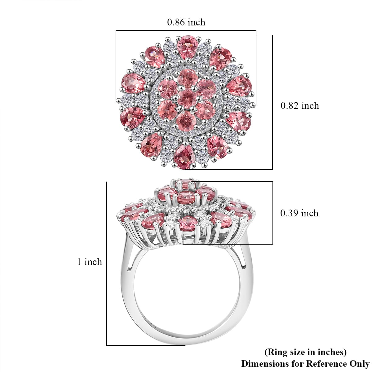 Premium Tanzanian Blush Garnet and Moissanite 4.10 ctw Rosette Bloom Ring in Rhodium Over Sterling Silver (Size 8.0) image number 5