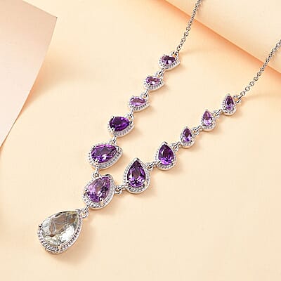 Karis Montezuma Prasiolite and Multi Gemstone 11.25 ctw Necklace and Platinum Bond & Stainless Steel 18-20 Inches