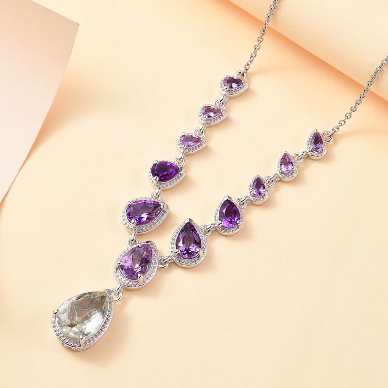 Karis Montezuma Prasiolite and Multi Gemstone 11.25 ctw Necklace and Platinum Bond & Stainless Steel 18-20 Inches
