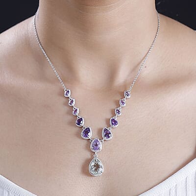 Karis Montezuma Prasiolite and Multi Gemstone 11.25 ctw Necklace and Platinum Bond & Stainless Steel 18-20 Inches