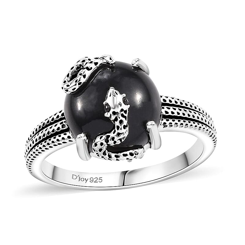 California Black Jade and Thai Black Spinel 5.90 ctw Snake Ring in Sterling Silver (Size 10.0)