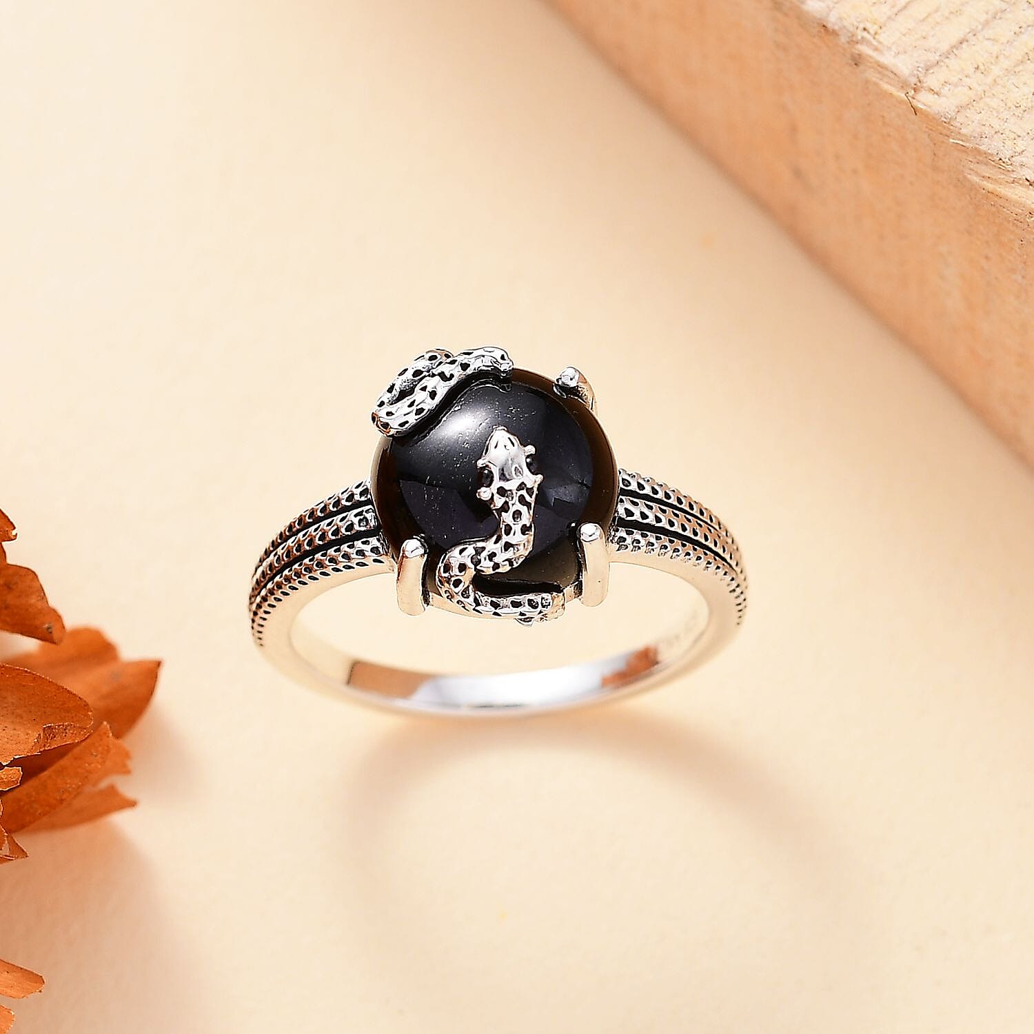California Black Jade and Thai Black Spinel 5.90 ctw Snake Ring in Sterling Silver (Size 10.0)