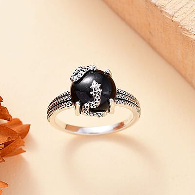 California Black Jade and Thai Black Spinel 5.90 ctw Snake Ring in Sterling Silver (Size 10.0)