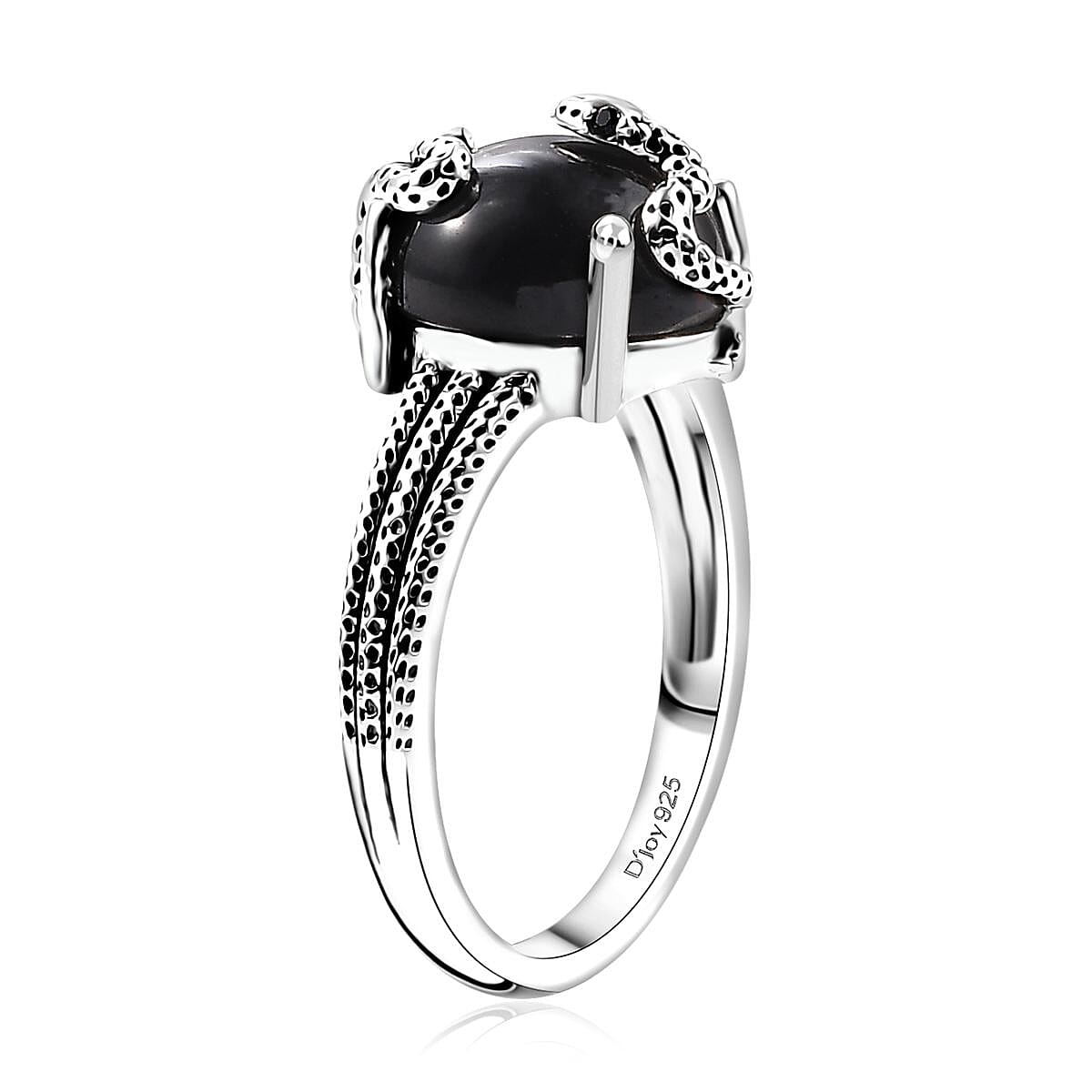 California Black Jade and Thai Black Spinel 5.90 ctw Snake Ring in Sterling Silver (Size 10.0)