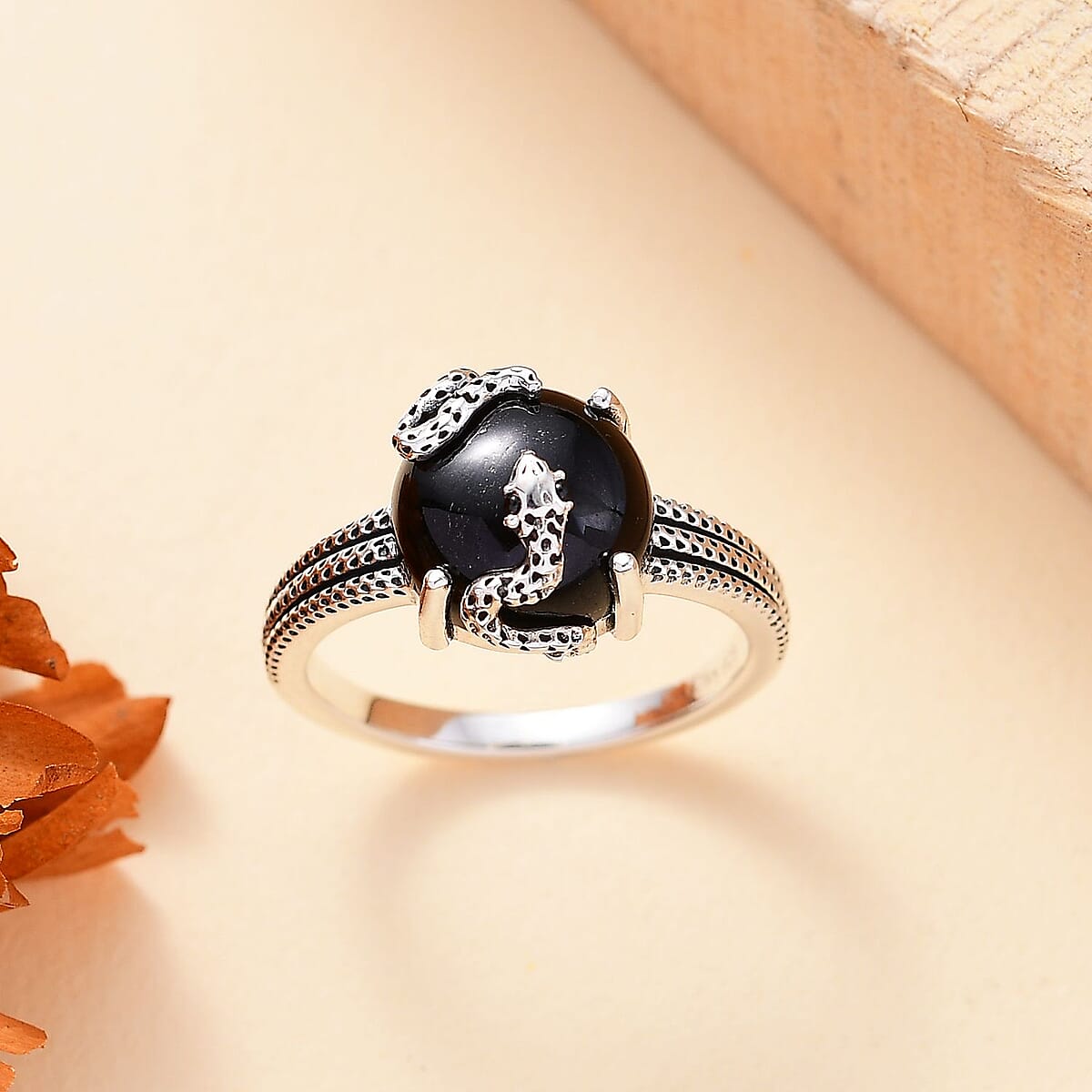 California Black Jade and Thai Black Spinel 5.90 ctw Snake Ring in Sterling Silver (Size 6.0) image number 1