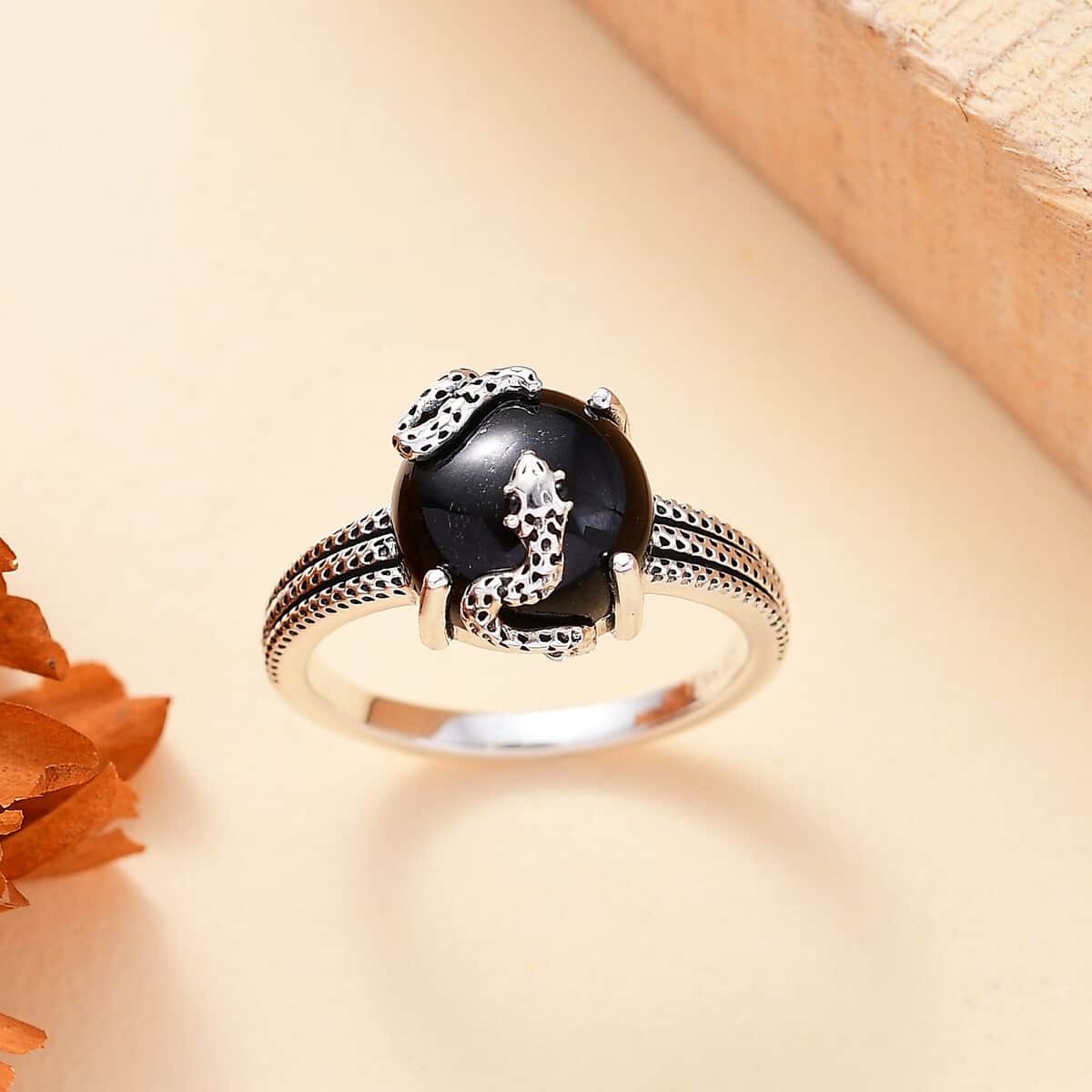 California Black Jade and Thai Black Spinel 5.90 ctw Snake Ring in Sterling Silver (Size 8.0) image number 1