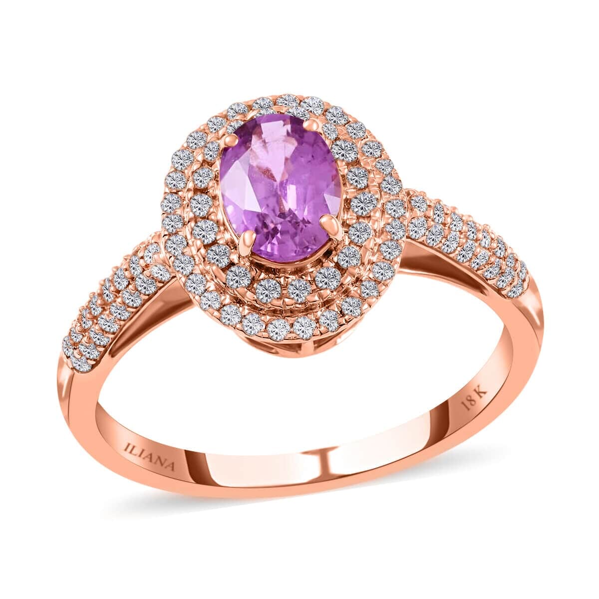 Certified and Appraised Iliana AAA Madagascar Purple Sapphire and G-H SI Diamond 1.40 ctw Double Halo Ring in 18K Rose Gold (Size 6.5) image number 0
