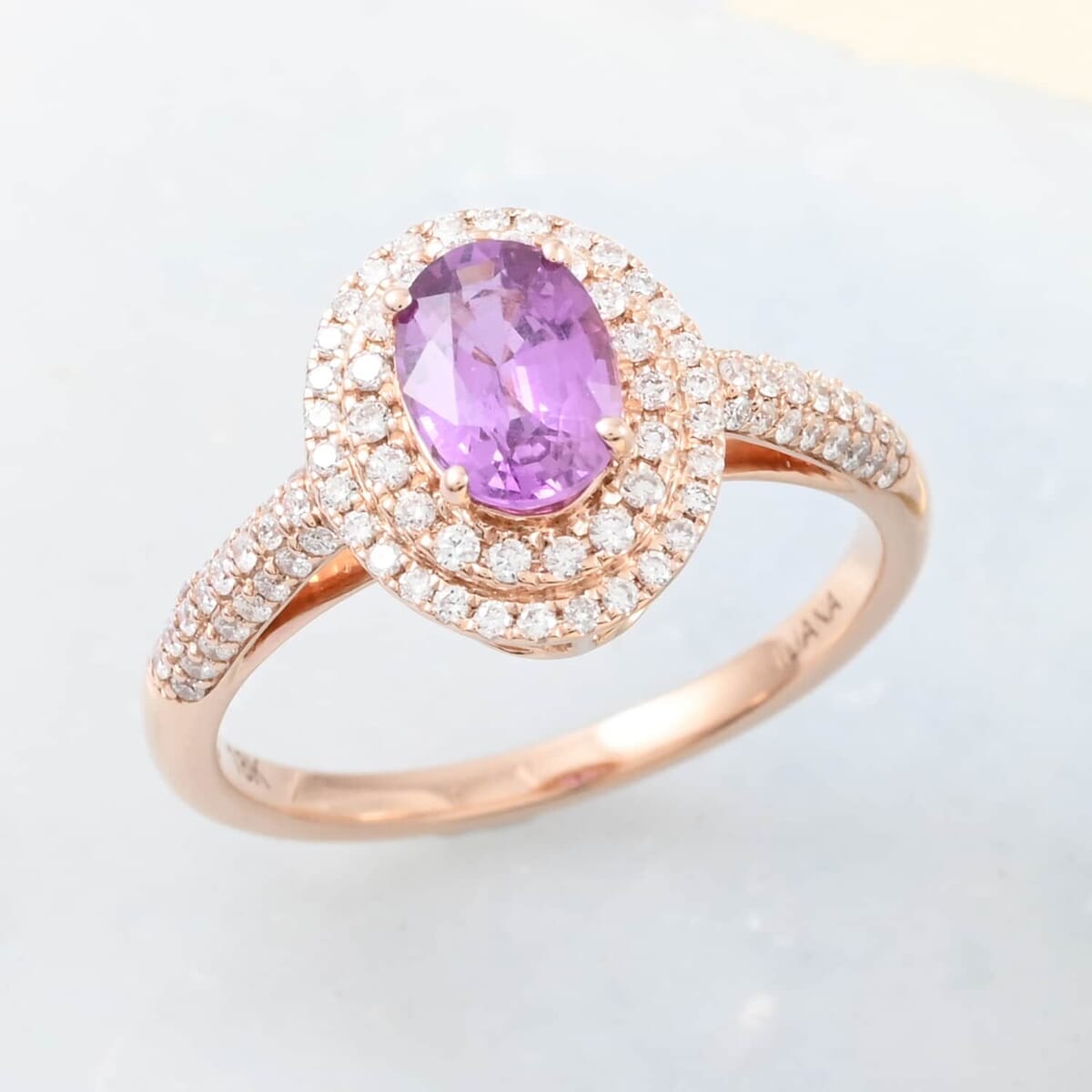 Certified and Appraised Iliana AAA Madagascar Purple Sapphire and G-H SI Diamond 1.40 ctw Double Halo Ring in 18K Rose Gold (Size 6.5) image number 1