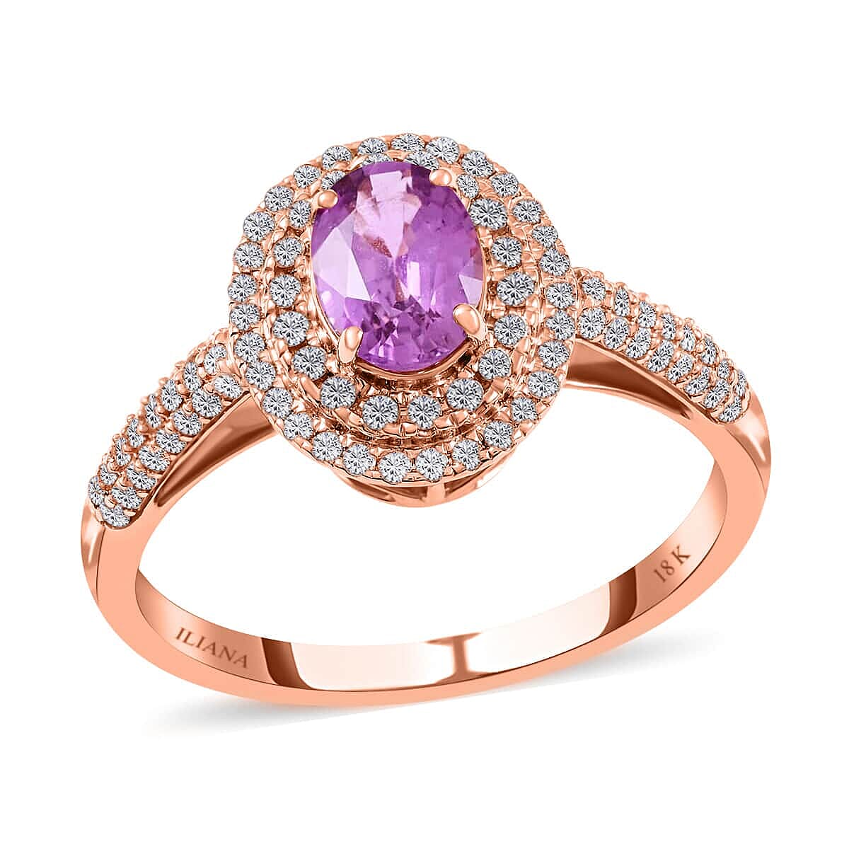 Certified and Appraised Iliana AAA Madagascar Purple Sapphire and G-H SI Diamond 1.40 ctw Double Halo Ring in 18K Rose Gold (Size 10.5) image number 0