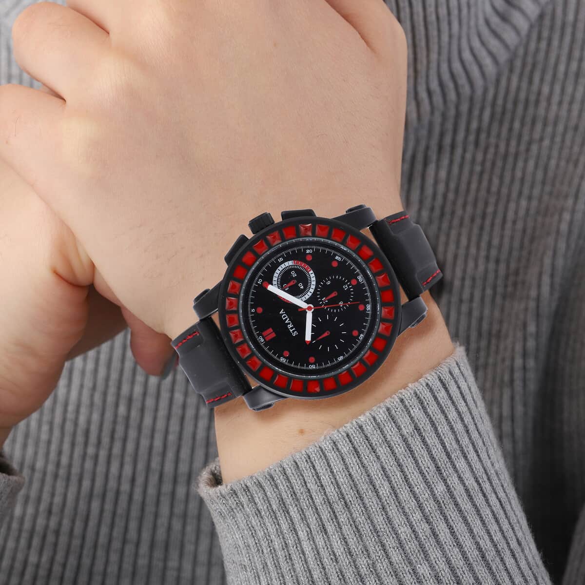 STRADA Japanese Movement Red Scale Dial Watch with Black Silicone Strap image number 2