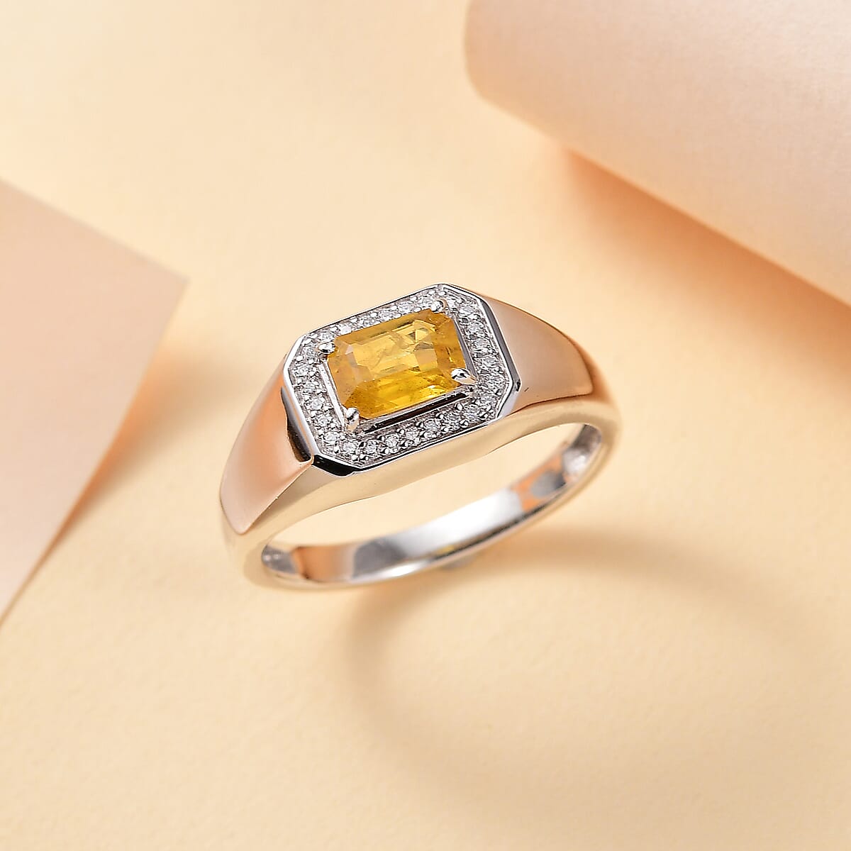 Madagascar Yellow Sapphire and Moissanite 1.35 ctw Men's Ring in Rhodium Over Sterling Silver (Size 11.0) image number 1