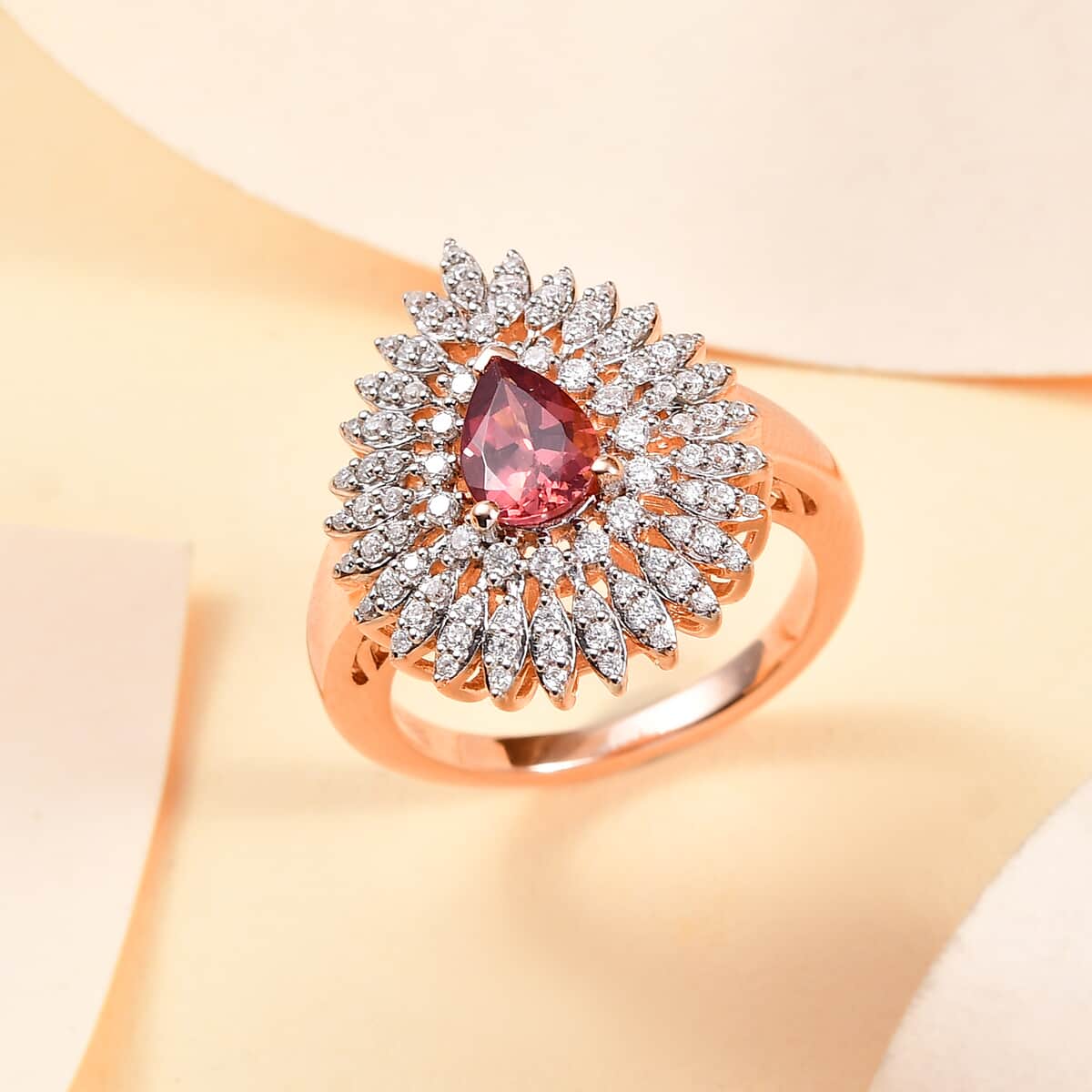 Premium Tanzanian Blush Garnet and Moissanite 1.50 ctw Snowflake Ring in 18K Vermeil Rose Gold Over Sterling Silver (Size 10.0) image number 1