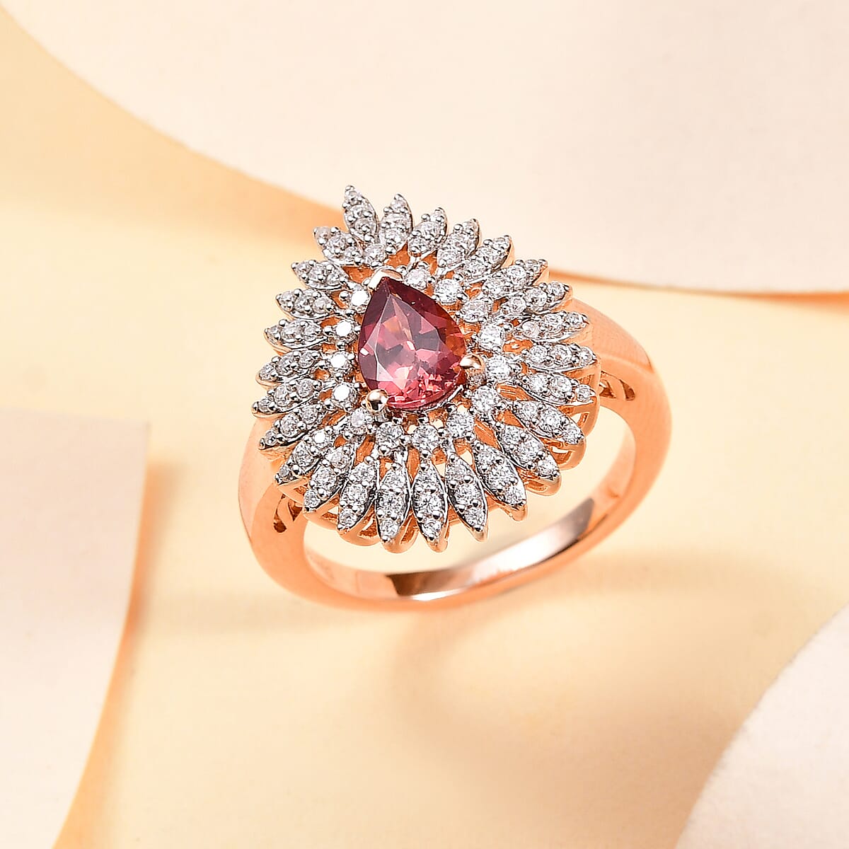 D'Joy Premium Tanzanian Blush Garnet and Moissanite 1.50 ctw Snowflake Ring in 18K Vermeil Rose Gold Over Sterling Silver (Size 7.0) image number 1
