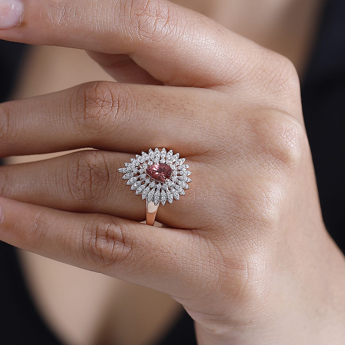 D'Joy Premium Tanzanian Blush Garnet and Moissanite 1.50 ctw Snowflake Ring in 18K Vermeil Rose Gold Over Sterling Silver (Size 7.0) image number 2