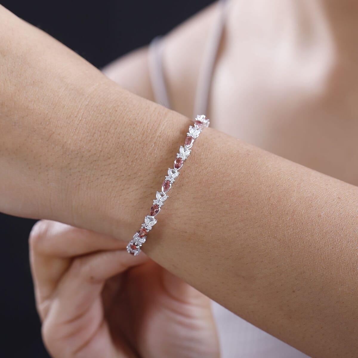 Premium Tanzanian Blush Garnet and Moissanite 6.50 ctw Butterfly Bracelet in Rhodium Over Sterling Silver (6.50 In) image number 2