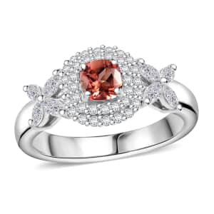 Premium Tanzanian Blush Garnet and Moissanite 0.90 ctw Blossom Halo Ring in Rhodium Over Sterling Silver (Size 10.0)