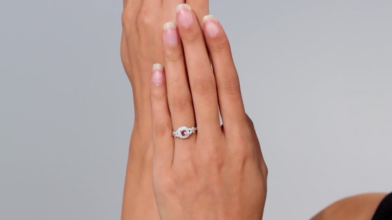 Premium Tanzanian Blush Garnet and Moissanite 0.90 ctw Blossom Halo Ring in Rhodium Over Sterling Silver