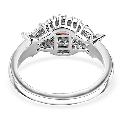 Premium Tanzanian Blush Garnet and Moissanite 0.90 ctw Blossom Halo Ring in Rhodium Over Sterling Silver (Size 10.0)