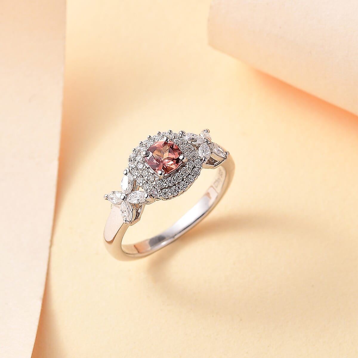 Premium Tanzanian Blush Garnet and Moissanite 0.90 ctw Blossom Halo Ring in Rhodium Over Sterling Silver (Size 9.0) image number 1