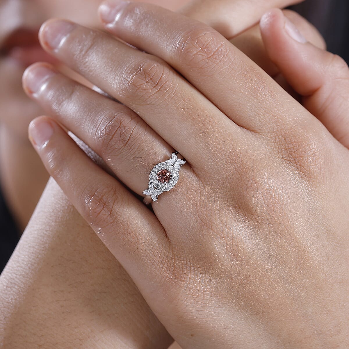 Premium Tanzanian Blush Garnet and Moissanite 0.90 ctw Blossom Halo Ring in Rhodium Over Sterling Silver (Size 9.0) image number 2