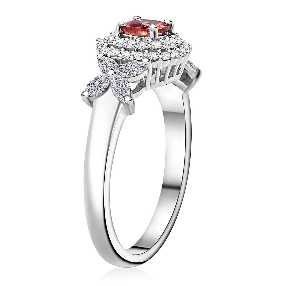 Premium Tanzanian Blush Garnet and Moissanite 0.90 ctw Blossom Halo Ring in Rhodium Over Sterling Silver (Size 9.0) image number 3