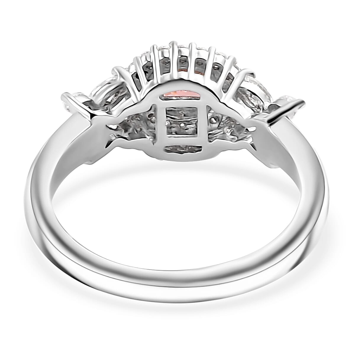 Premium Tanzanian Blush Garnet and Moissanite 0.90 ctw Blossom Halo Ring in Rhodium Over Sterling Silver (Size 9.0) image number 4