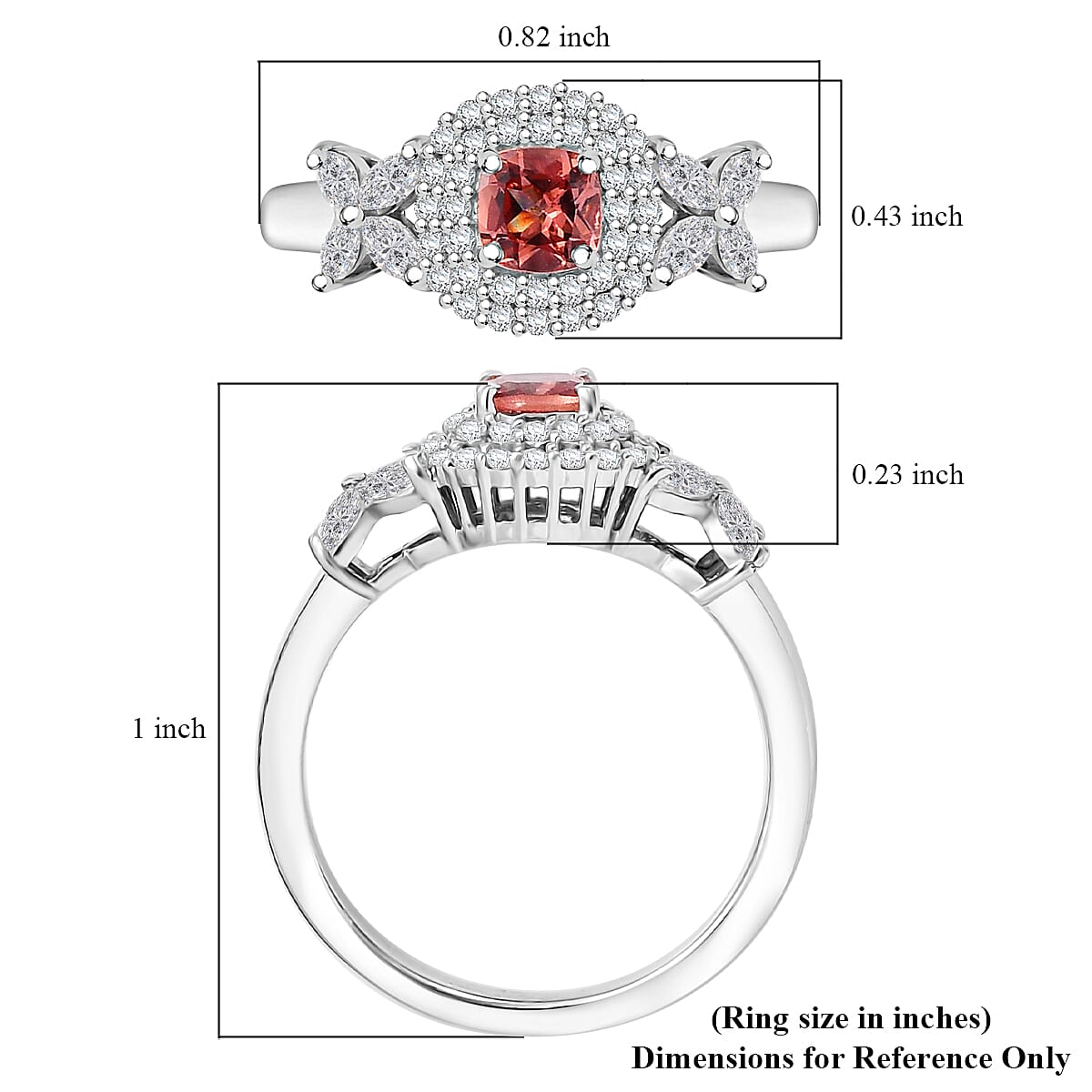 Premium Tanzanian Blush Garnet and Moissanite 0.90 ctw Blossom Halo Ring in Rhodium Over Sterling Silver (Size 9.0) image number 5