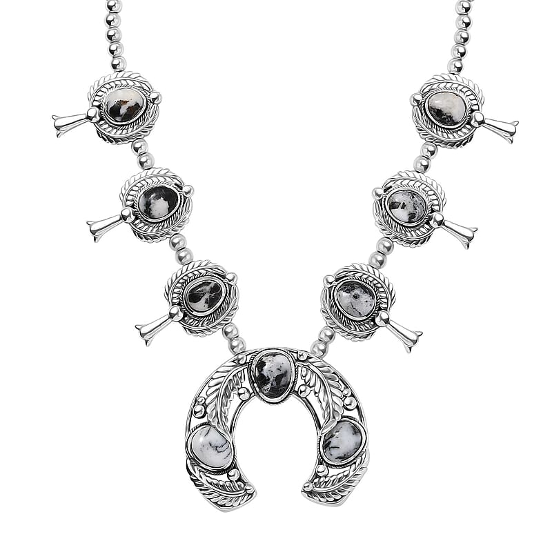 D'Joy Artisan Crafted White Buffalo 18.50 ctw Squash Blossom Necklace in Black Oxidized Sterling Silver 18 Inches